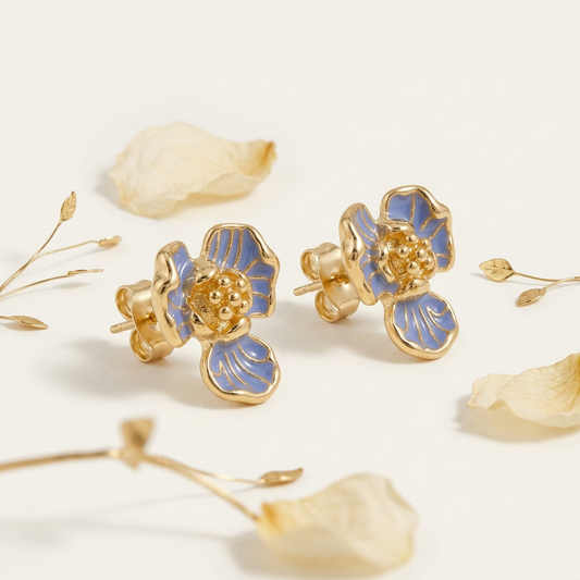 14K Gold Filled Enamel Floral Stud Earrings – Blue Petal