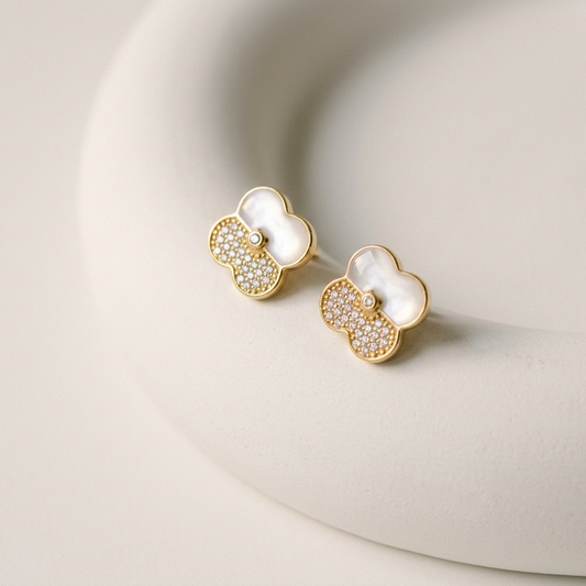 14K Gold Filled White Enamel Clover Studs