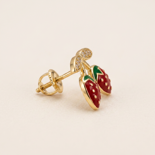 14K Gold Filled CZ and Enamel Strawberry Studs