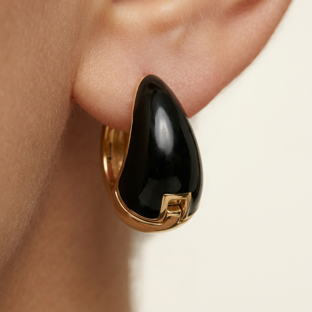 14K Gold Filled Black Enamel Sculptural Huggie Earrings