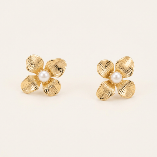 14K Gold Filled Textured Floral Pearl Stud Earrings
