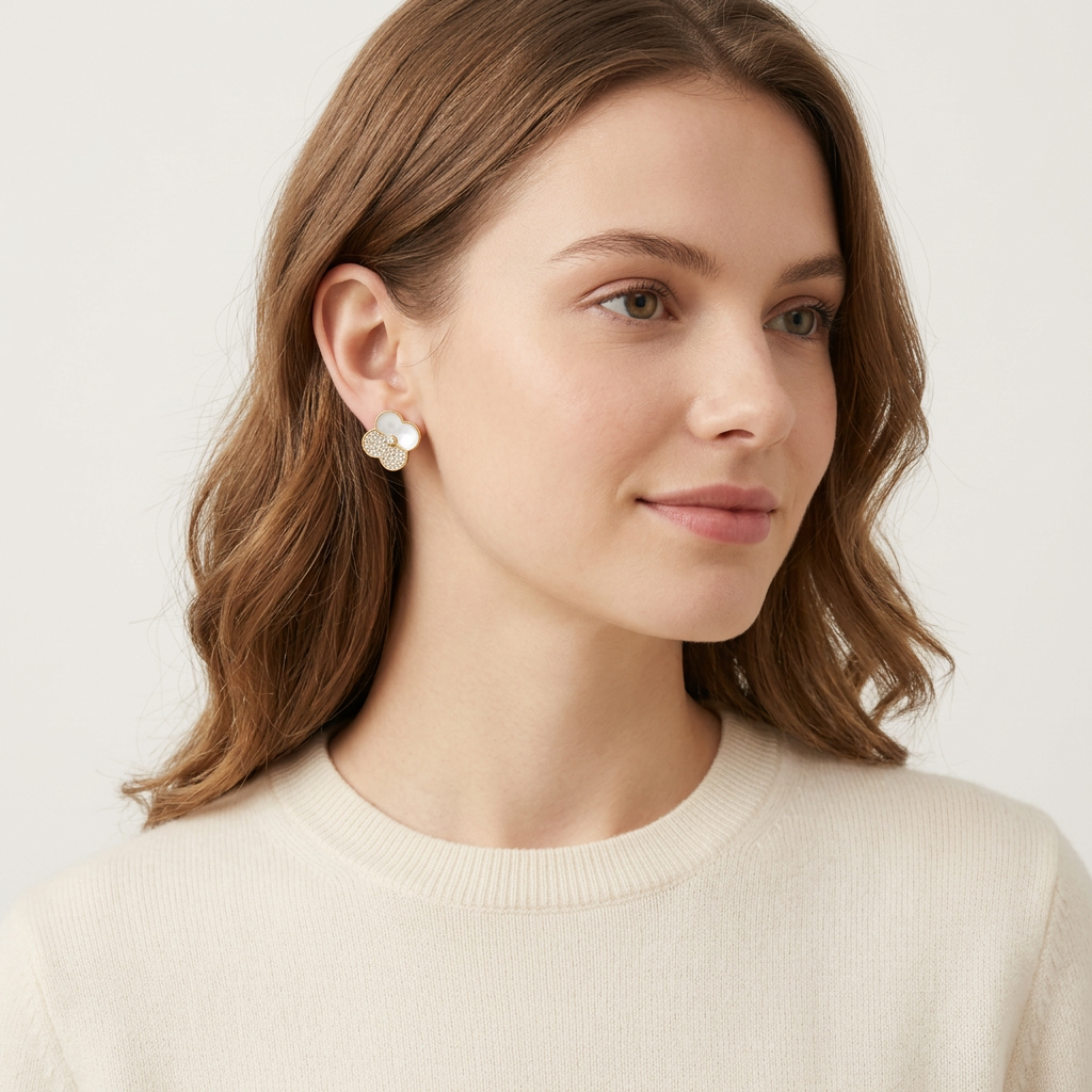 14K Gold Filled White Enamel Clover Studs