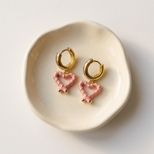 14K Gold Filled Pink Enamel Striped Heart Huggie Earrings