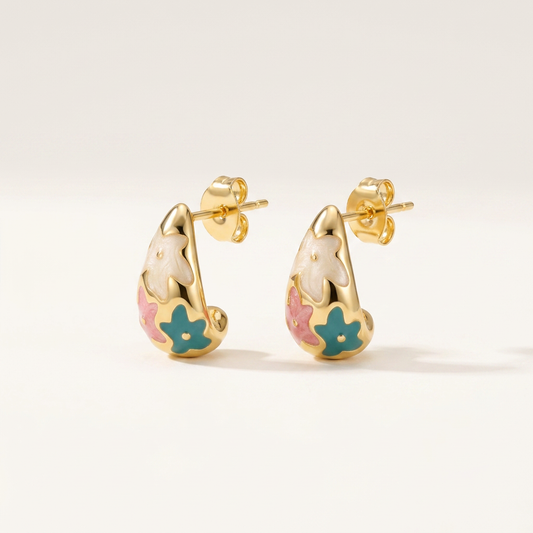 14K Gold Filled Enamel Floral Teardrop Stud Earrings - Teal