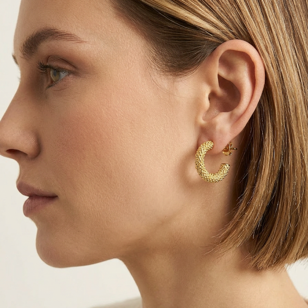14K Gold Filled Textured C-Hoop Post Earrings