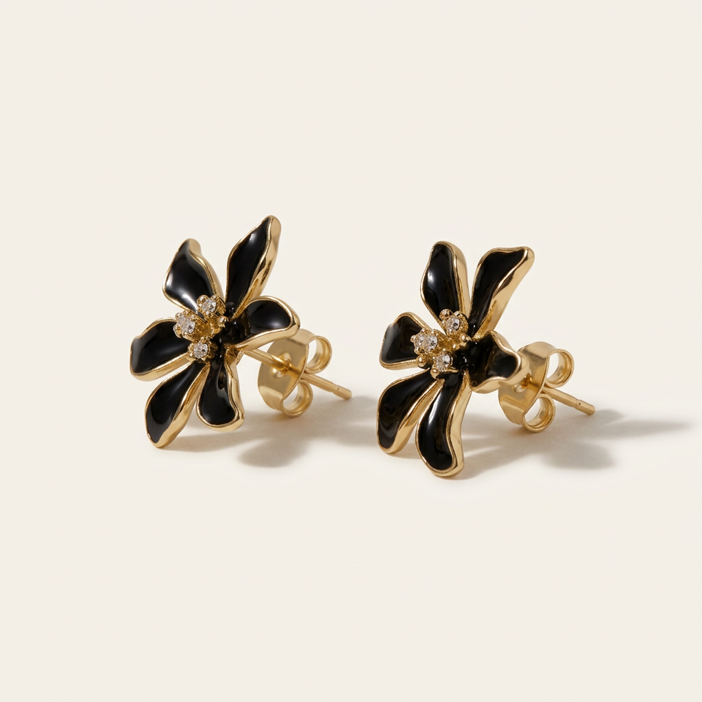 14K Gold Filled Black Enamel Flower Stud Earrings