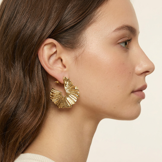 14K Gold Filled Rippled Fan Hoop Earrings
