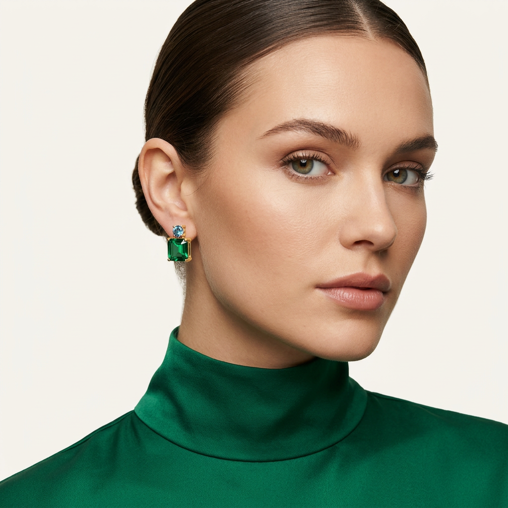14K Gold Filled Emerald-Cut Green and Blue Stud Earrings