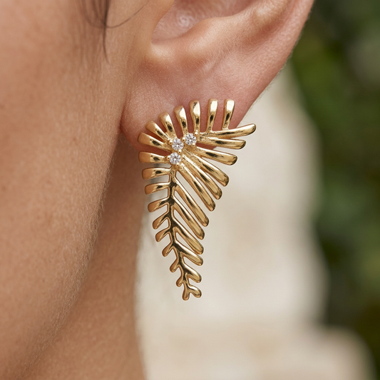 14K Gold Filled Sculptural Fern Leaf Stud Earrings with CZ