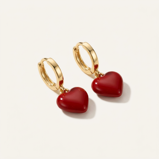 14K Gold Filled Red Enamel Heart Dangle Earrings
