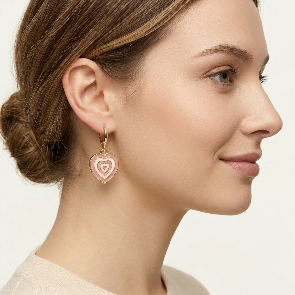 14K Gold Filled Pink and White Enamel Heart Dangle Earrings