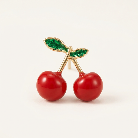 14K Gold Filled Cherry Stud Earrings with Enamel Leaves