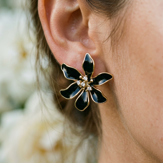 14K Gold Filled Black Enamel Flower Stud Earrings