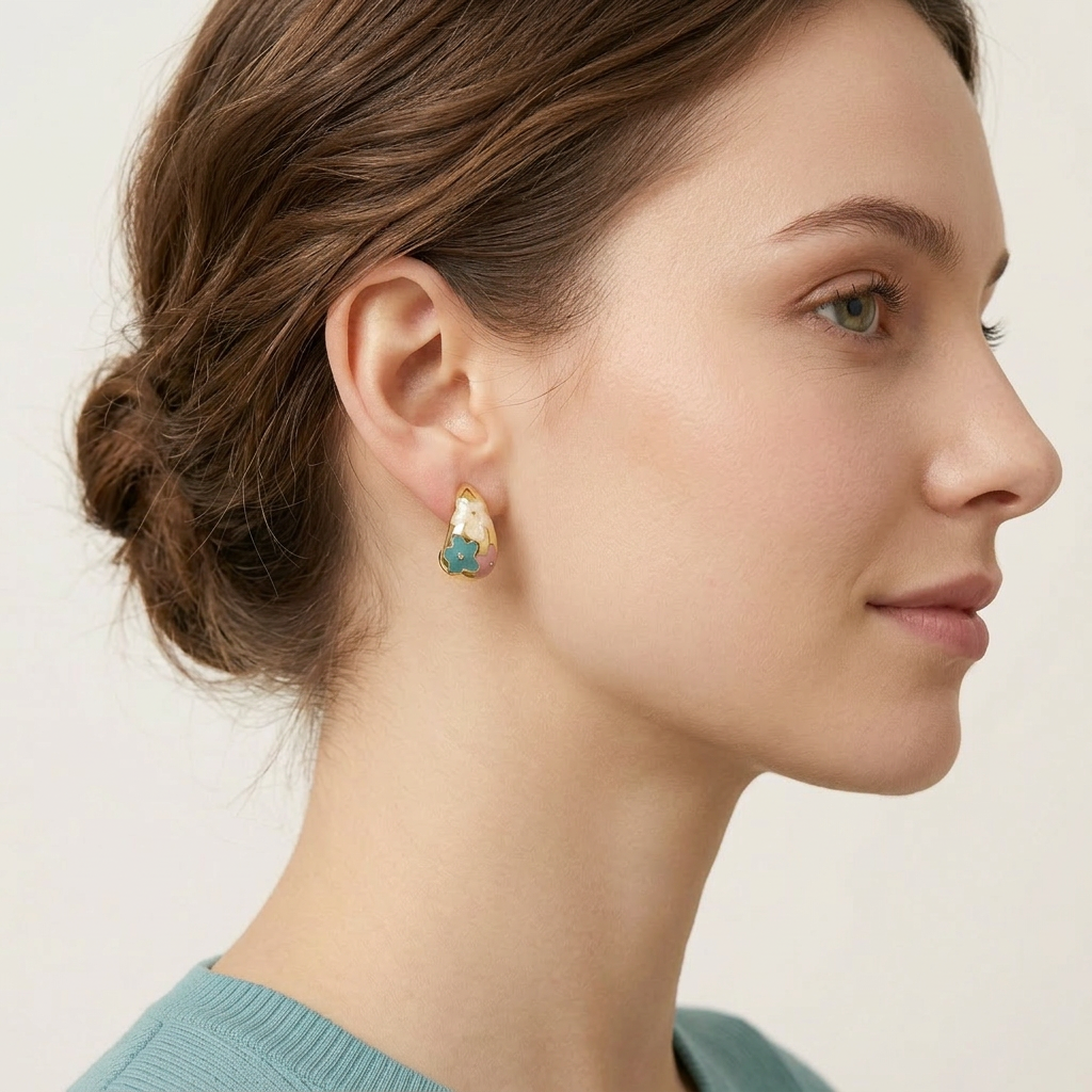 14K Gold Filled Enamel Floral Teardrop Stud Earrings - Teal