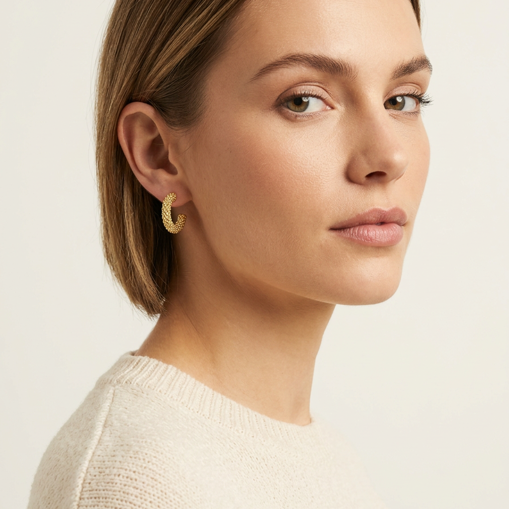 14K Gold Filled Textured C-Hoop Post Earrings