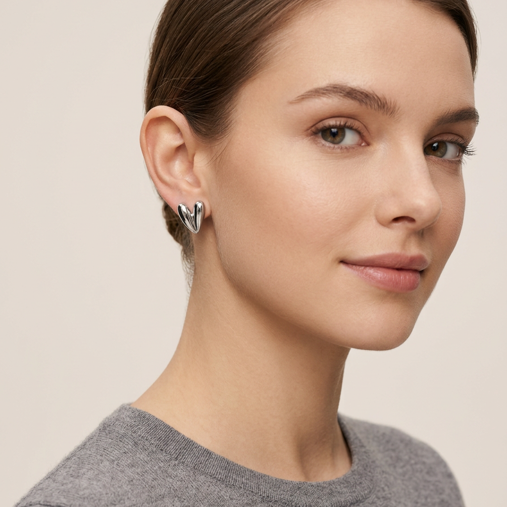 Rhodium Sculptural Heart Stud Earrings