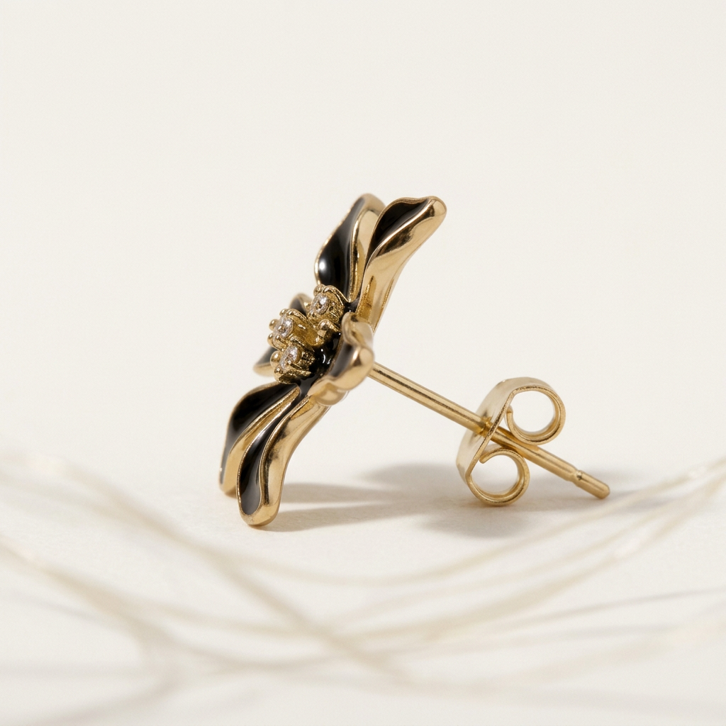 14K Gold Filled Black Enamel Flower Stud Earrings