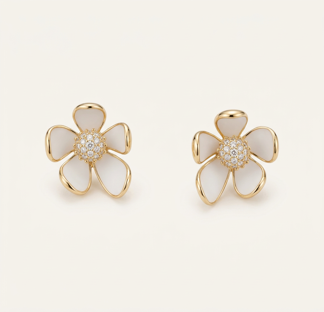 14K Gold Filled White Enamel Floral Stud Earrings – Soft Pet