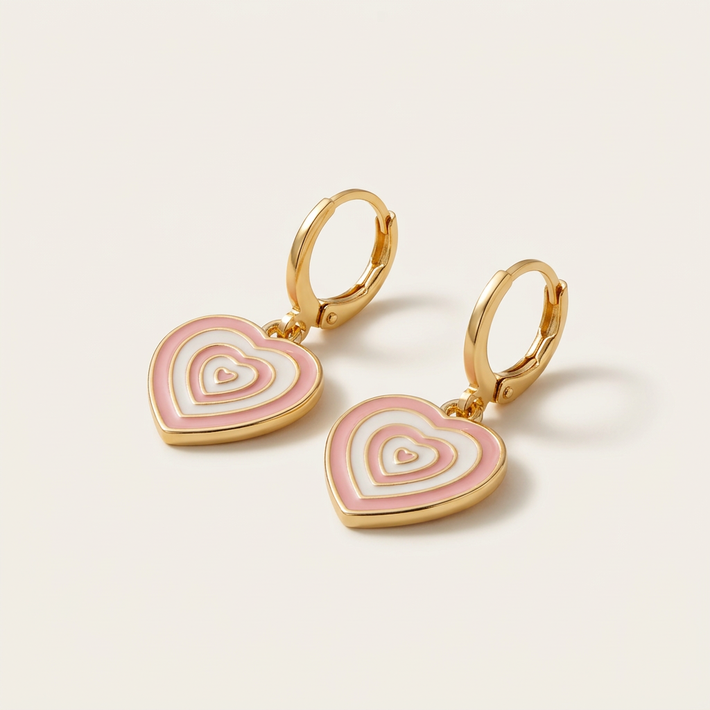 14K Gold Filled Pink and White Enamel Heart Dangle Earrings