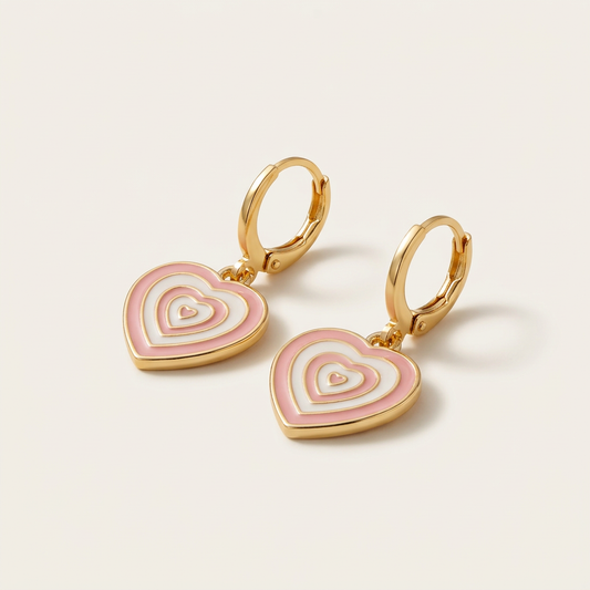 14K Gold Filled Pink and White Enamel Heart Dangle Earrings