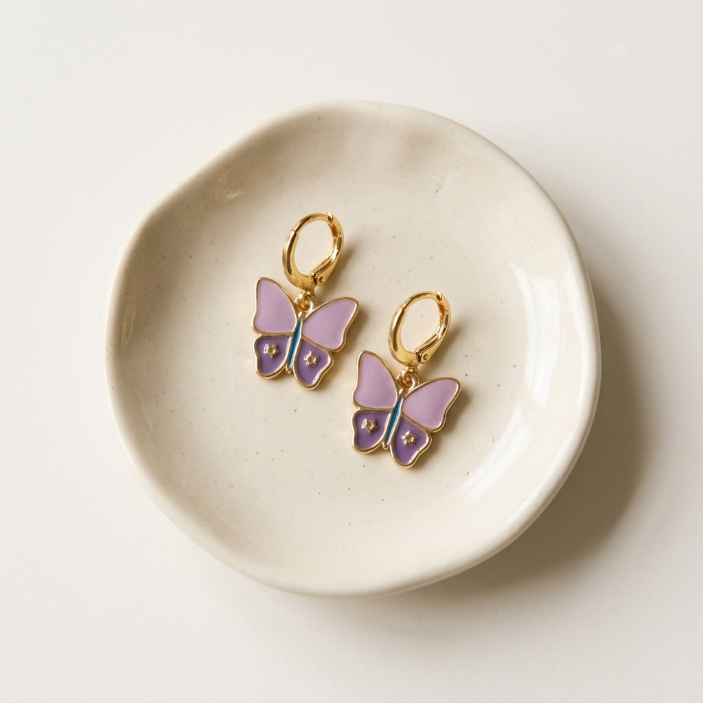 Gold Filled Enamel Butterfly Dangle Earrings