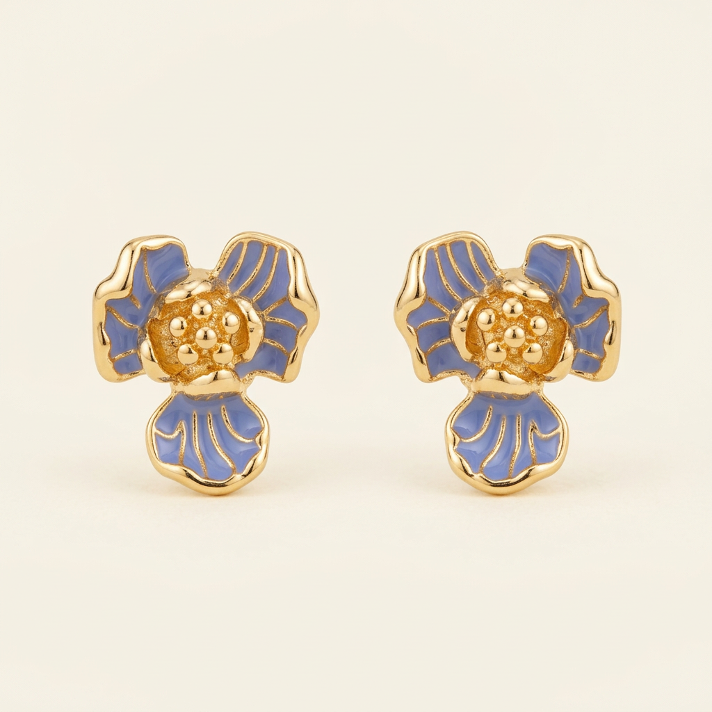 14K Gold Filled Enamel Floral Stud Earrings – Blue Petal_backup