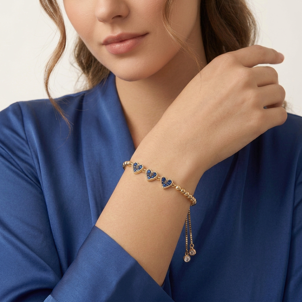14K Gold Filled Heart Bolo Bracelet - Sapphire