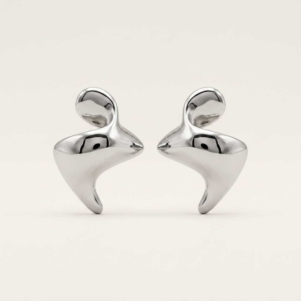 Rhodium Abstract Sculptural  Fluid Stud Earrings