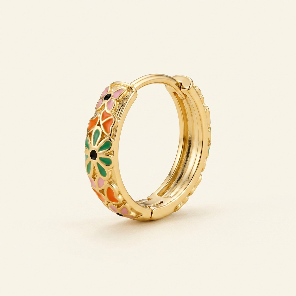 14K Gold Filled Floral Enamel Huggie Hoop Earrings