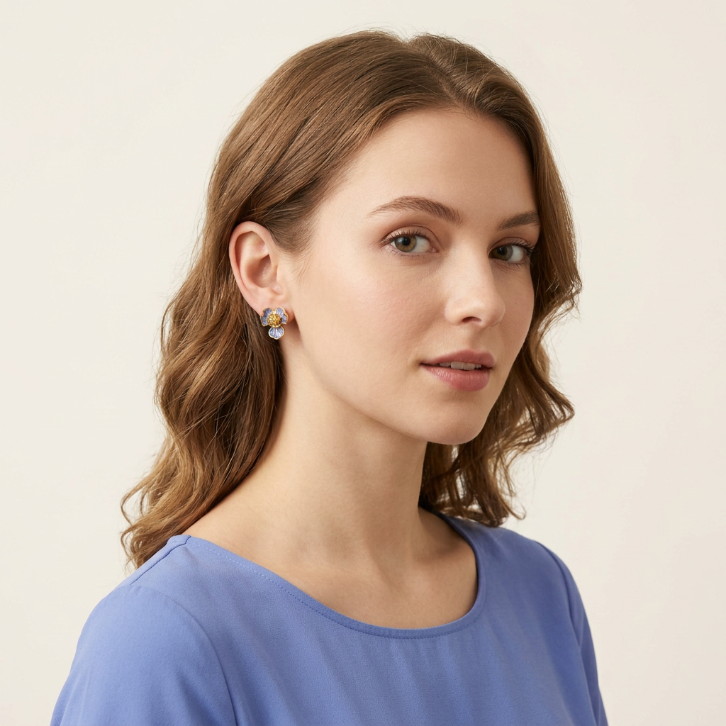 14K Gold Filled Enamel Floral Stud Earrings – Blue Petal_backup