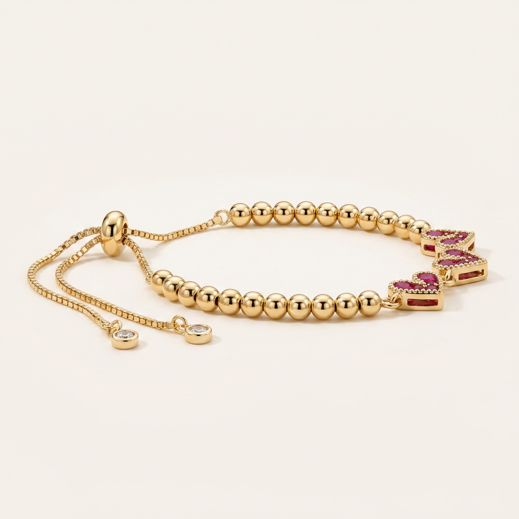 14K Gold Filled Heart Bolo Bracelet - Ruby Red
