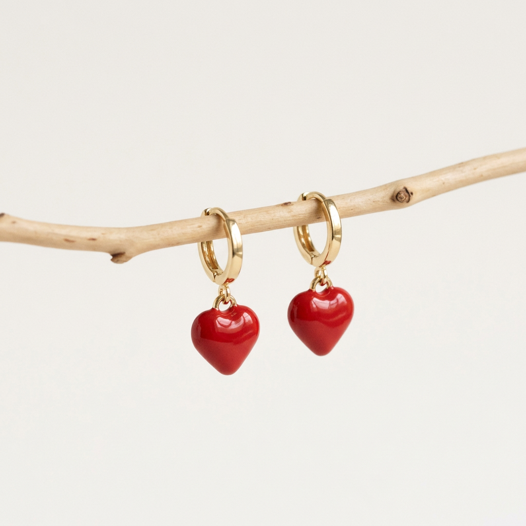 14K Gold Filled Red Enamel Heart Dangle Earrings