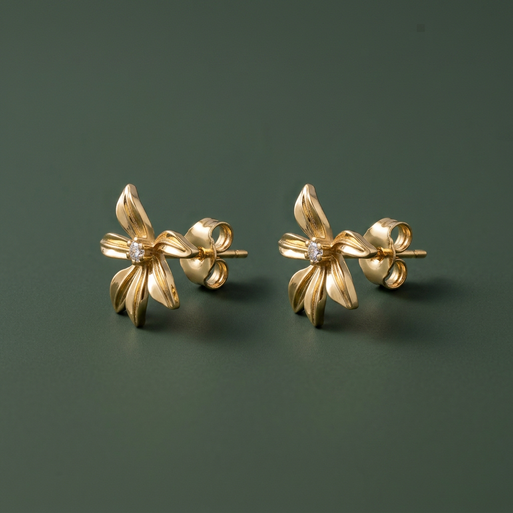 14K Gold Filled Sculptural Flower Stud Earrings w/ CZ