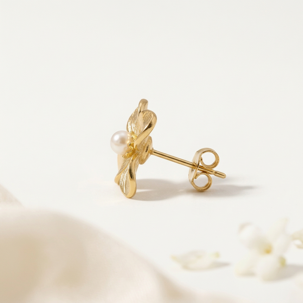 14K Gold Filled Textured Floral Pearl Stud Earrings