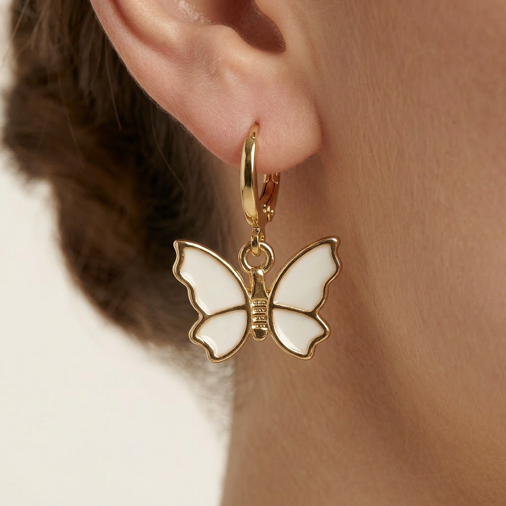 Gold Filled Enamel Butterfly Huggie Earrings