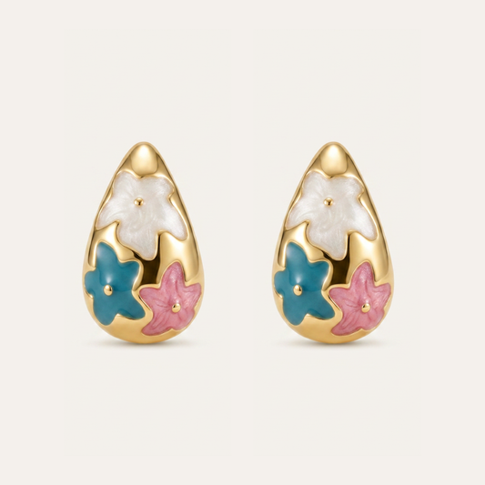 14K Gold Filled Enamel Floral Teardrop Stud Earrings - Teal