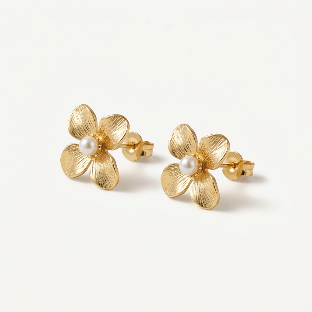 14K Gold Filled Textured Floral Pearl Stud Earrings