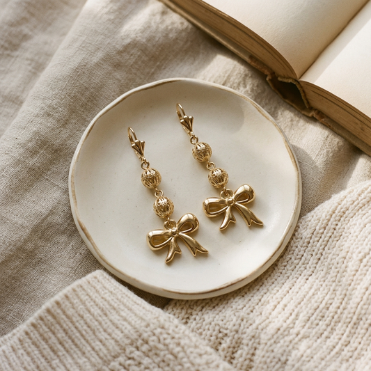 14K Gold Filled Bow and Filigree Dangle Earrings