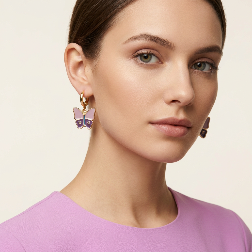 Gold Filled Enamel Butterfly Dangle Earrings