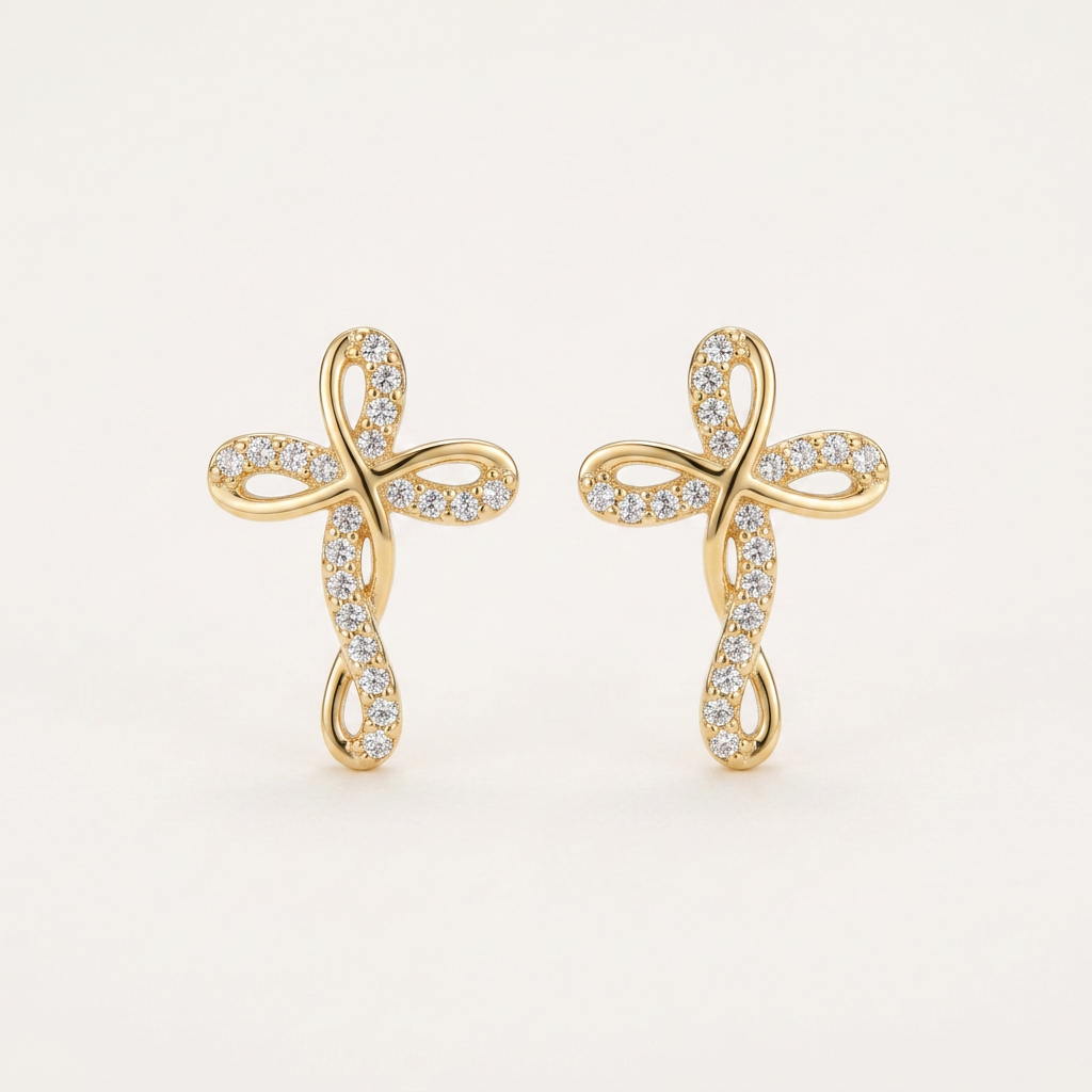 14K Gold Filled Infinity Cross Cubic Zirconia Stud Earrings