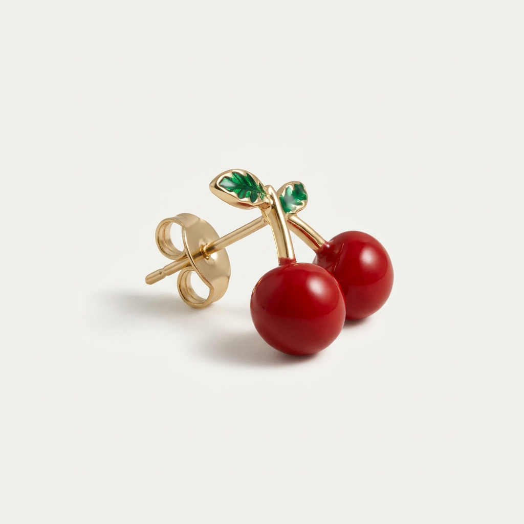 14K Gold Filled Cherry Stud Earrings with Enamel Leaves