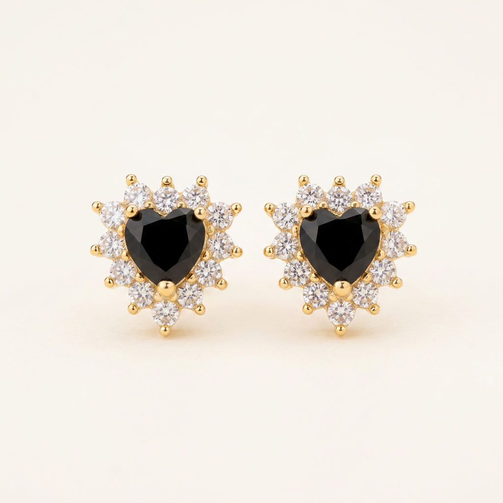 14K Gold Filled Black Heart Cubic Zirconia Stud Earrings