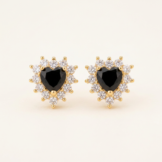 14K Gold Filled Black Heart Cubic Zirconia Stud Earrings