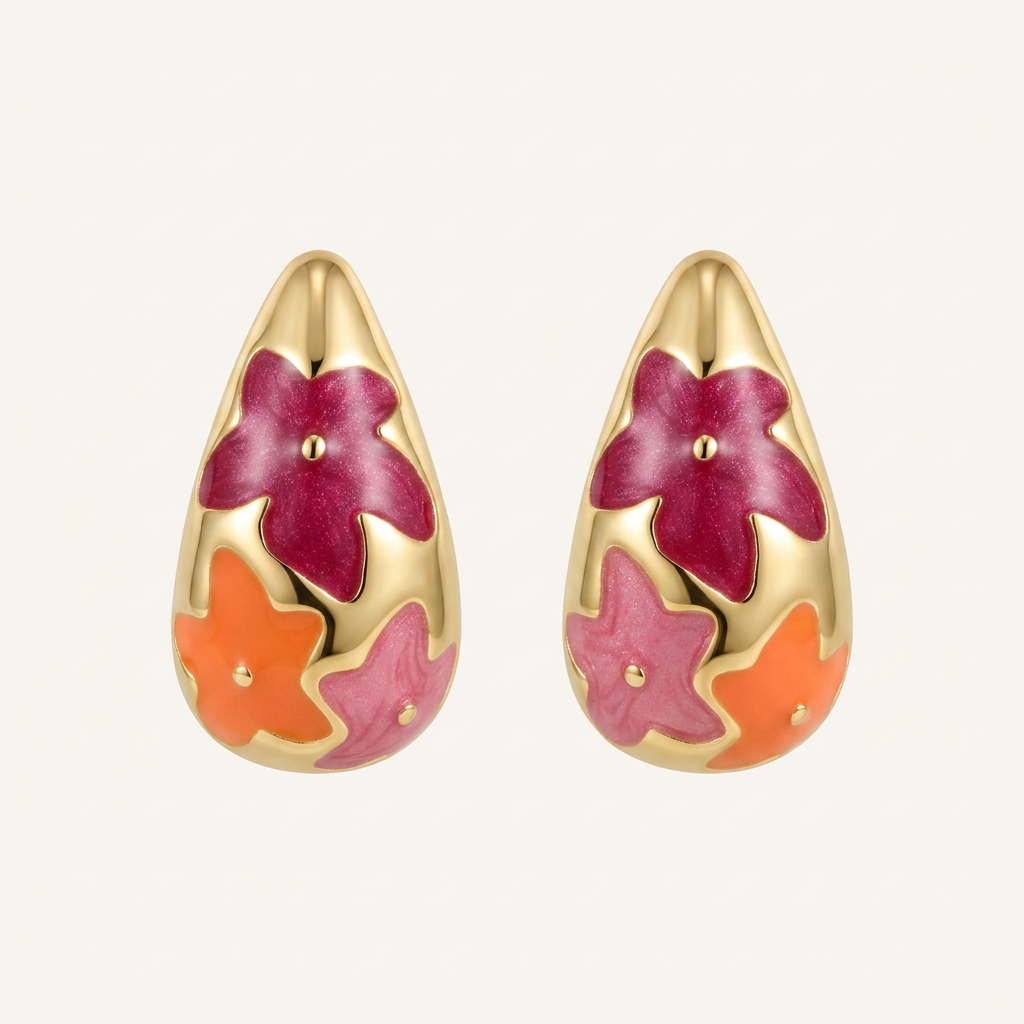 14K Gold Filled Floral Teardrop Stud Earrings - Pink