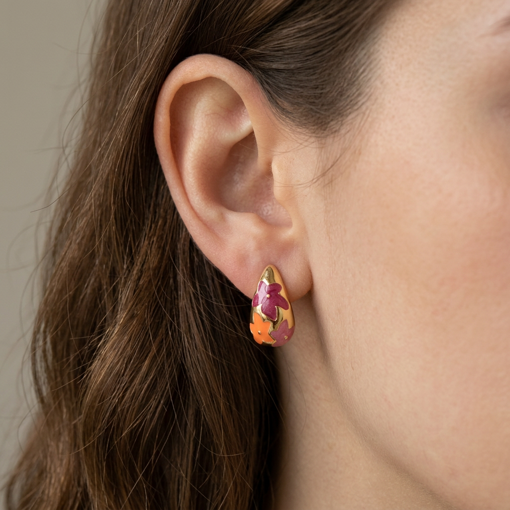 14K Gold Filled Floral Teardrop Stud Earrings - Pink