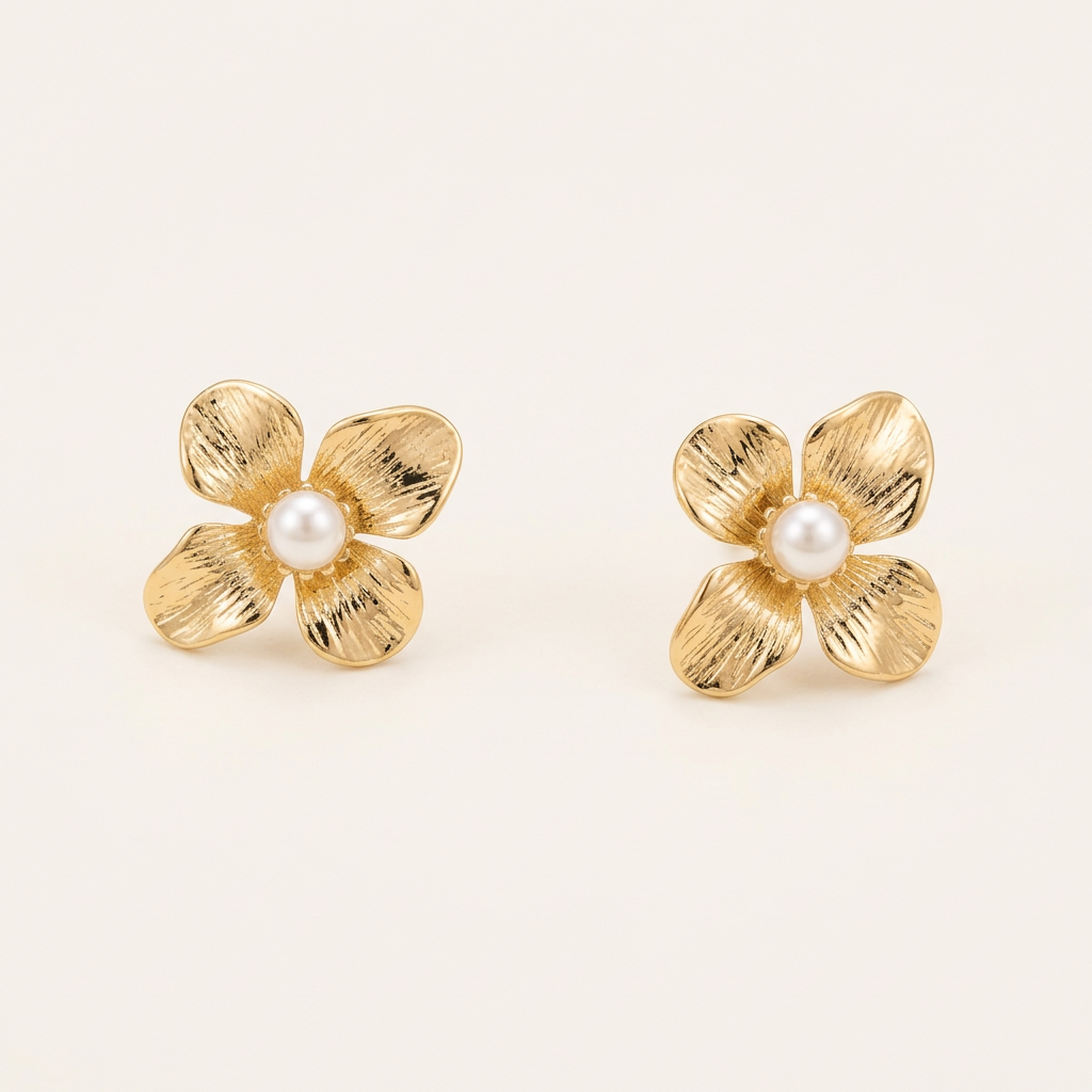 14K Gold Filled Textured Floral Pearl Stud Earrings