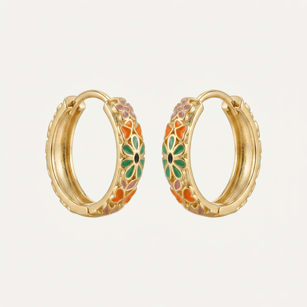 14K Gold Filled Floral Enamel Huggie Hoop Earrings