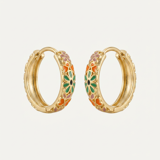 14K Gold Filled Floral Enamel Huggie Hoop Earrings