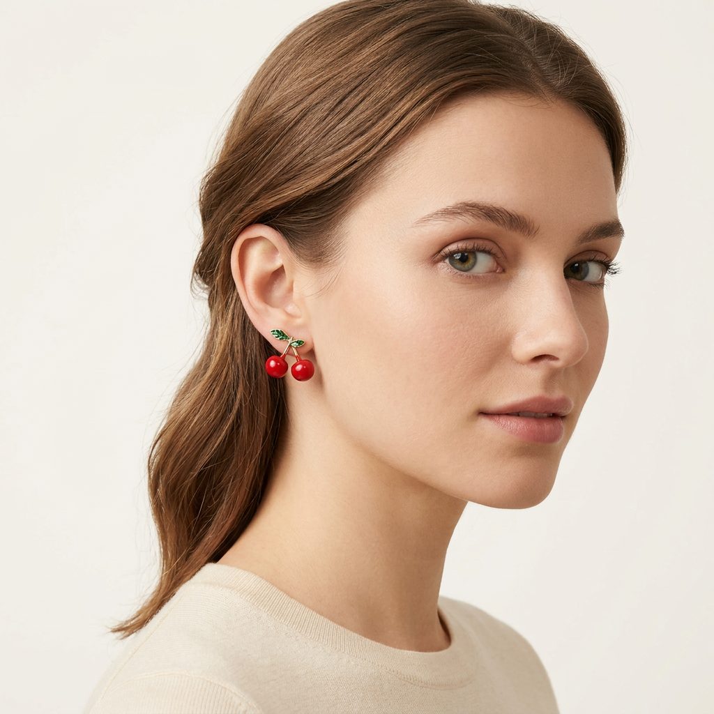 14K Gold Filled Cherry Stud Earrings with Enamel Leaves
