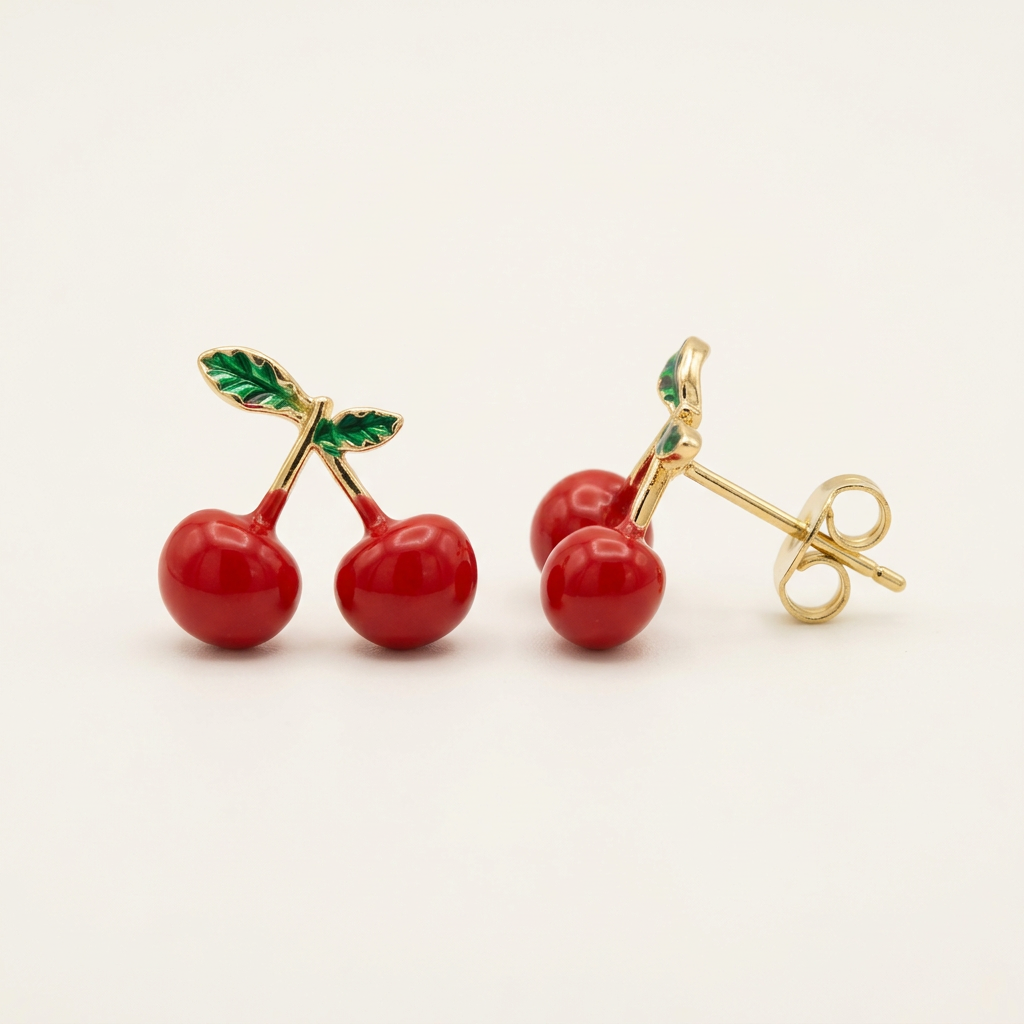 14K Gold Filled Cherry Stud Earrings with Enamel Leaves